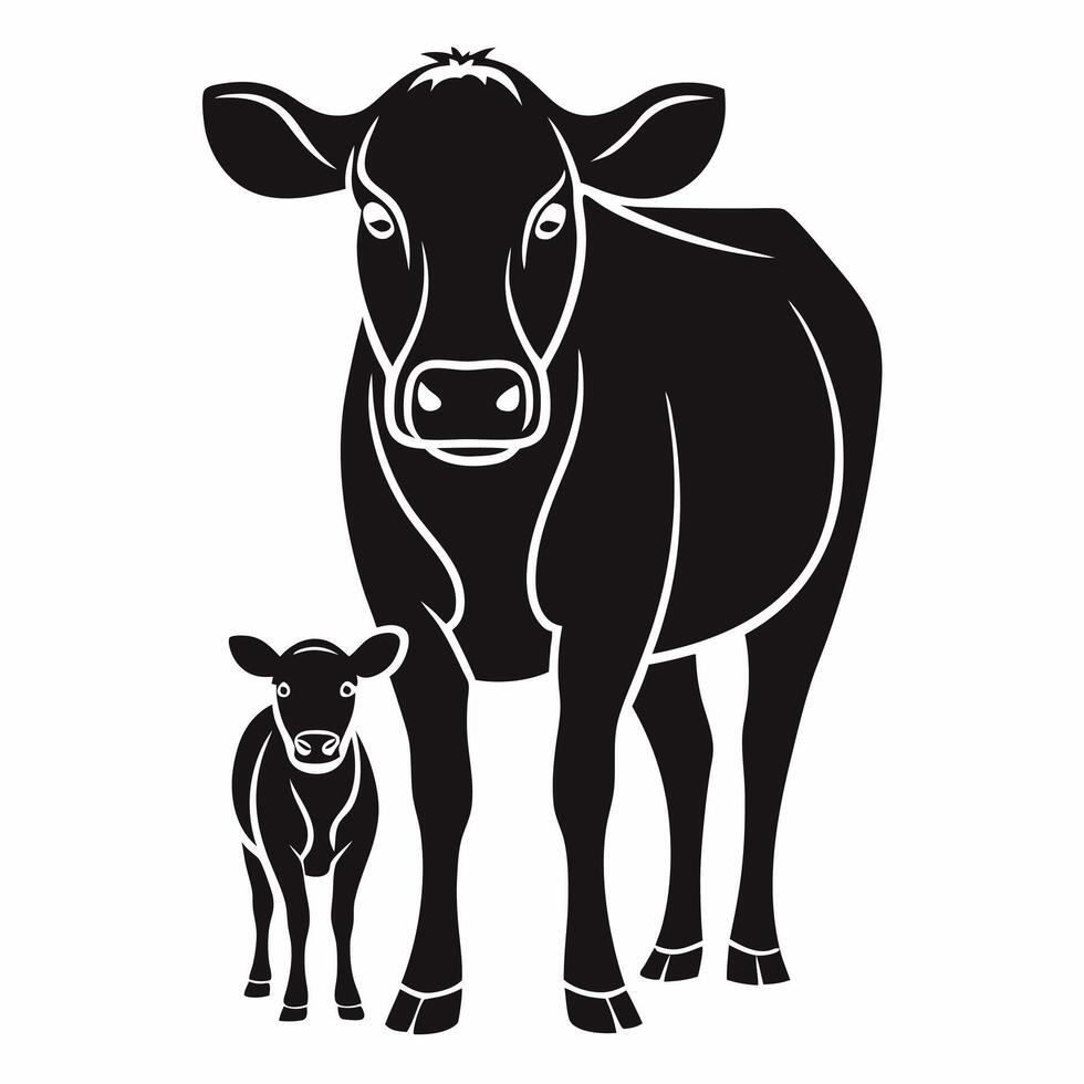 Black and White Cow with Calf Silhouette vector