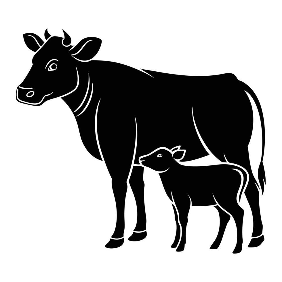 Mother Cow and Baby Calf Silhouette vector
