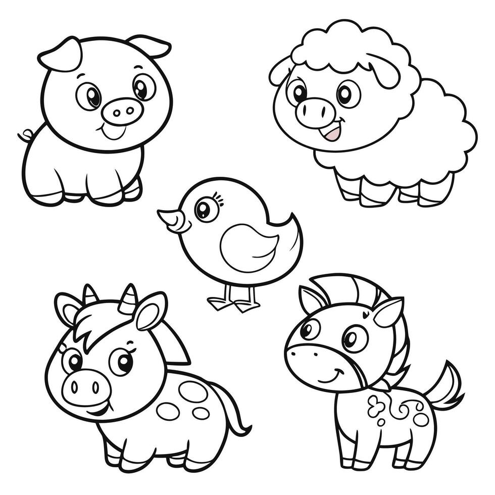 Coloring Fun with Cute Cartoon Animals Pig, Chick, Sheep, Unicorn, and Calf vector