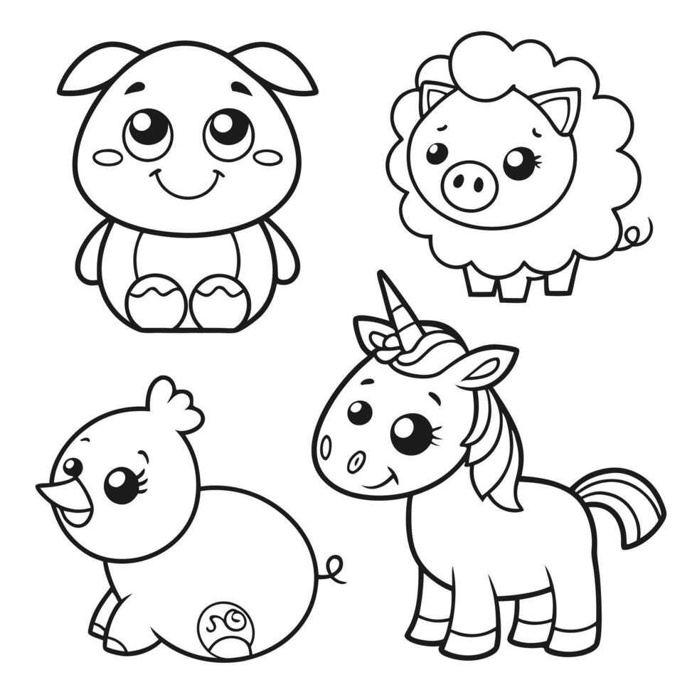 Playful Cartoon Animal Line Art for Coloring Pig, Chick, Sheep, Unicorn, and Calf vector