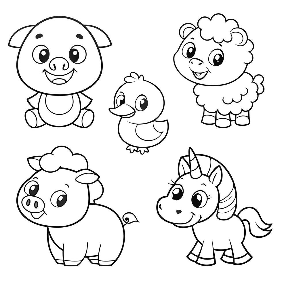 Whimsical Animal Coloring Sheet Pig, Chick, Sheep, Unicorn, and Calf vector