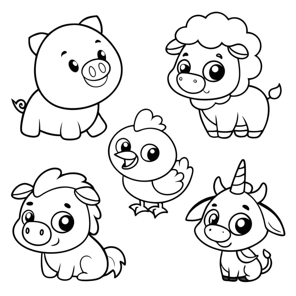 Cute Farmyard and Magical Creatures Coloring Art Pig, Chick, Sheep, Unicorn, and Calf vector