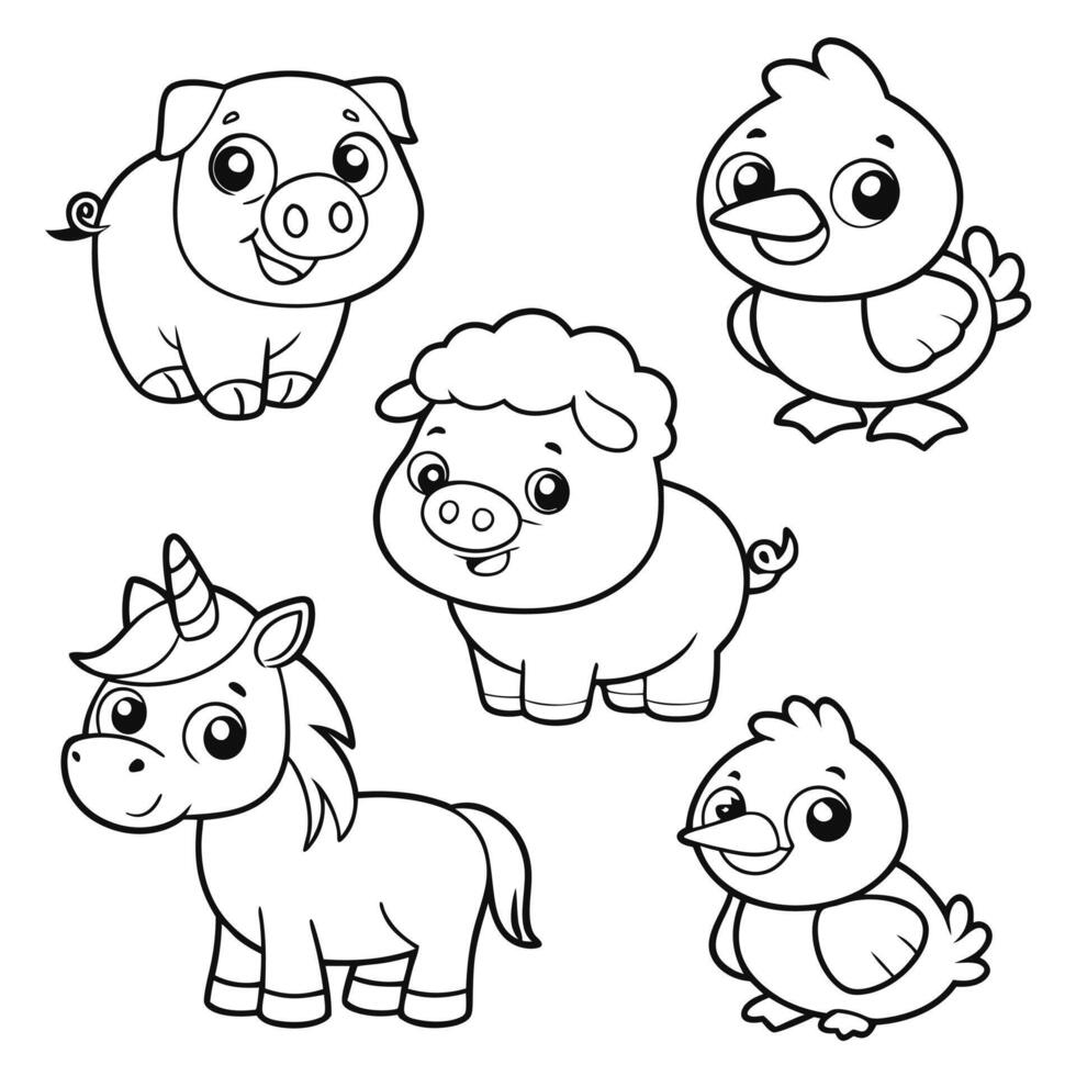 Fun Animal Coloring Page Cute Pig, Chick, Sheep, Unicorn, and Calf vector
