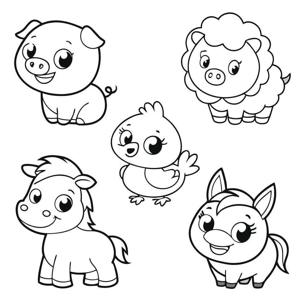 Farm and Fantasy Animal Friends Coloring Page Pig, Chick, Sheep, Unicorn, and Calf vector