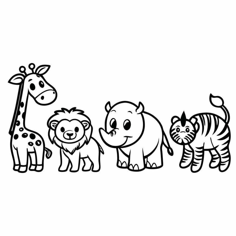 Playful Safari Animal Outline Lion, Giraffe, Elephant and Friends vector