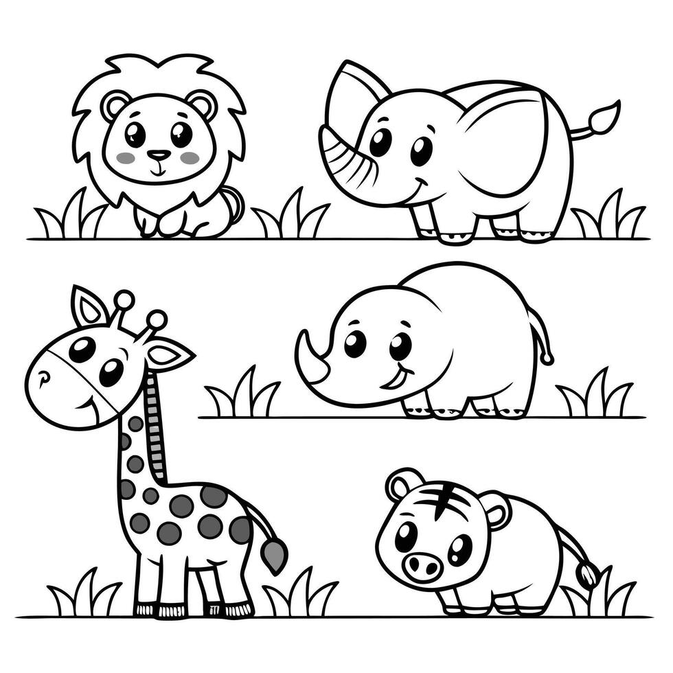 Adorable Jungle Animals Outline Lion, Giraffe, Elephant and More vector