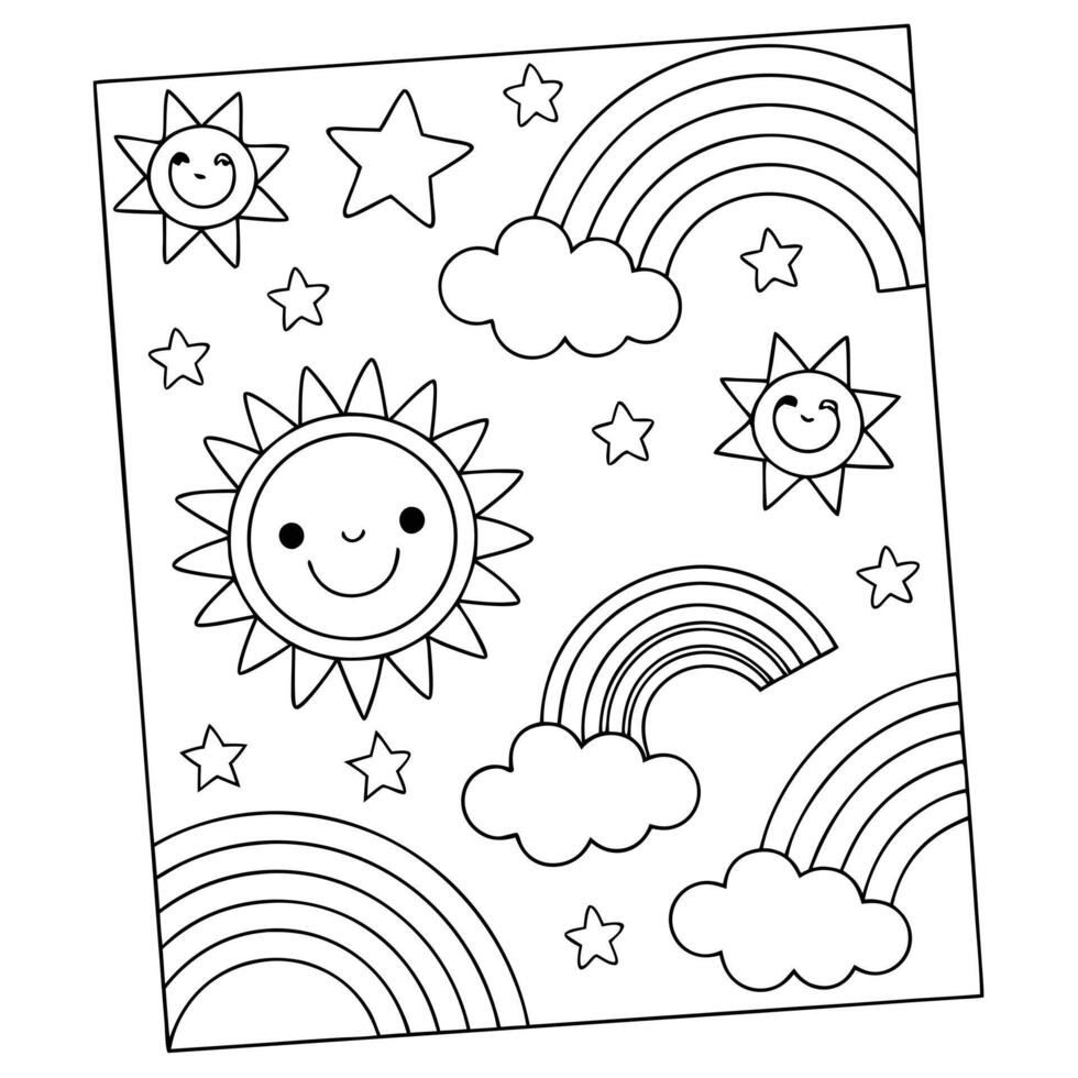 Bright Sky Design Coloring Page with Cute Suns, Rainbows, and Clouds vector