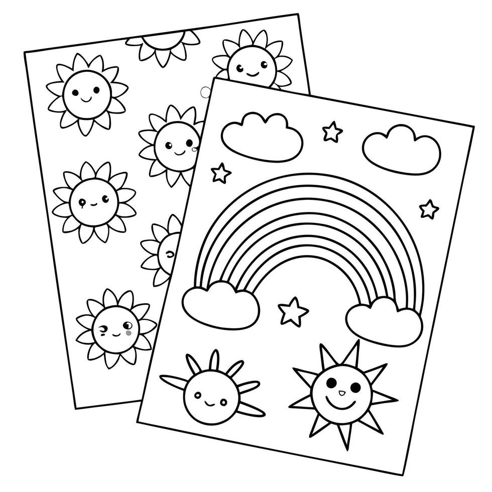 Playful Sky Pattern Coloring Sheet with Sun, Stars, and Rainbows vector