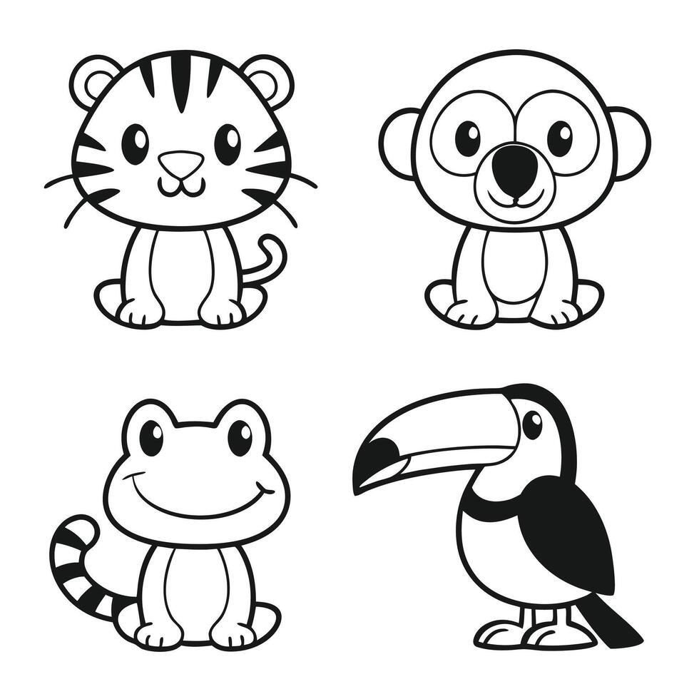Cute Jungle Animal Set Tiger Cub, Monkey, Frog, Toucan, and Parrot for Kids vector