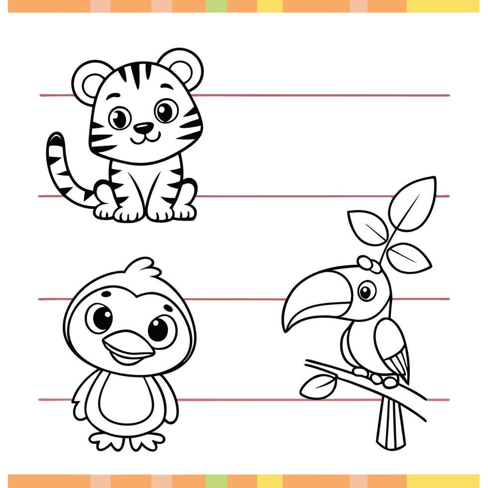 Cartoon Jungle Animals Set Tiger Cub, Monkey, Frog, Toucan, and Parrot for Kids vector