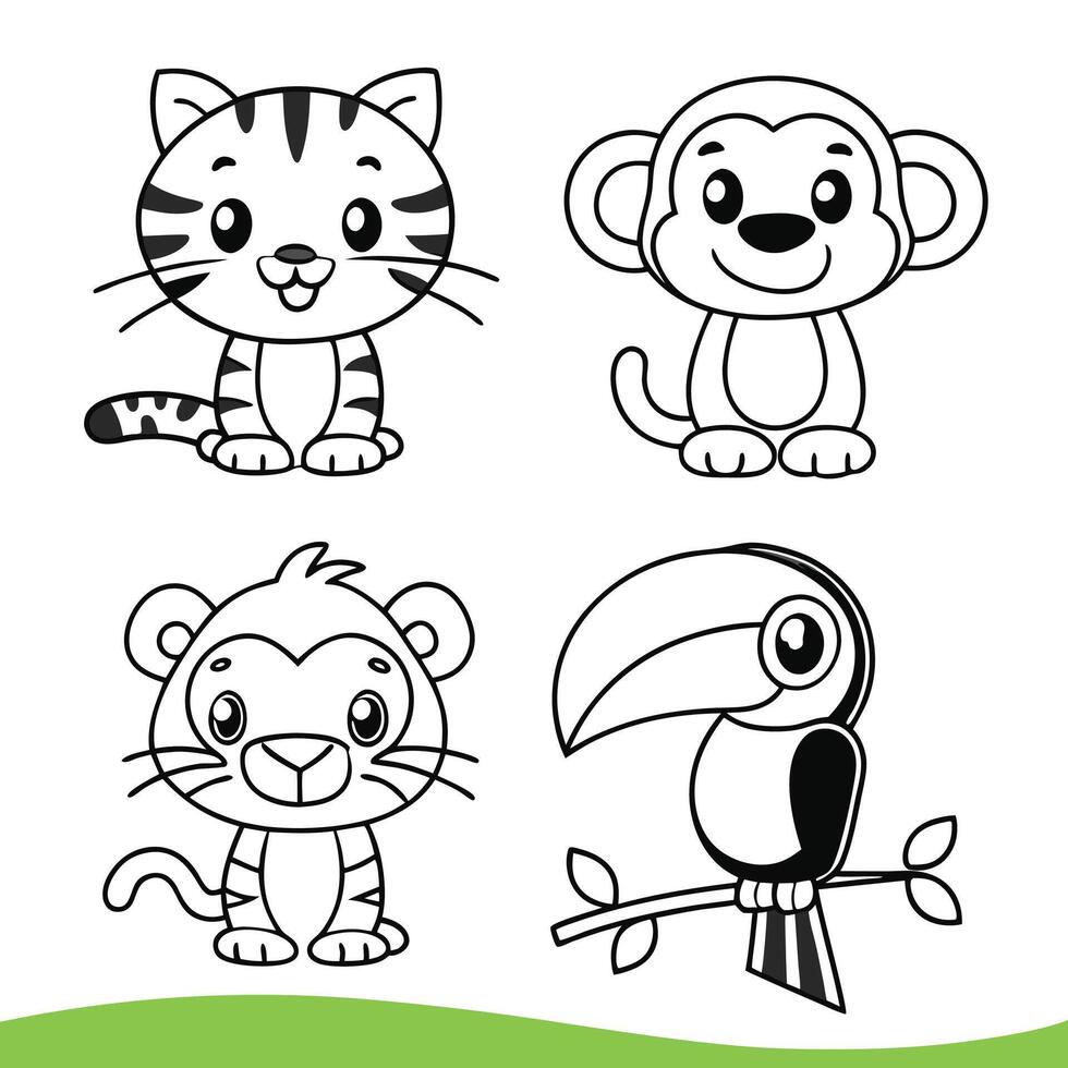 Happy Jungle Animals for Coloring Tiger Cub, Monkey, Frog, Toucan, and Parrot vector