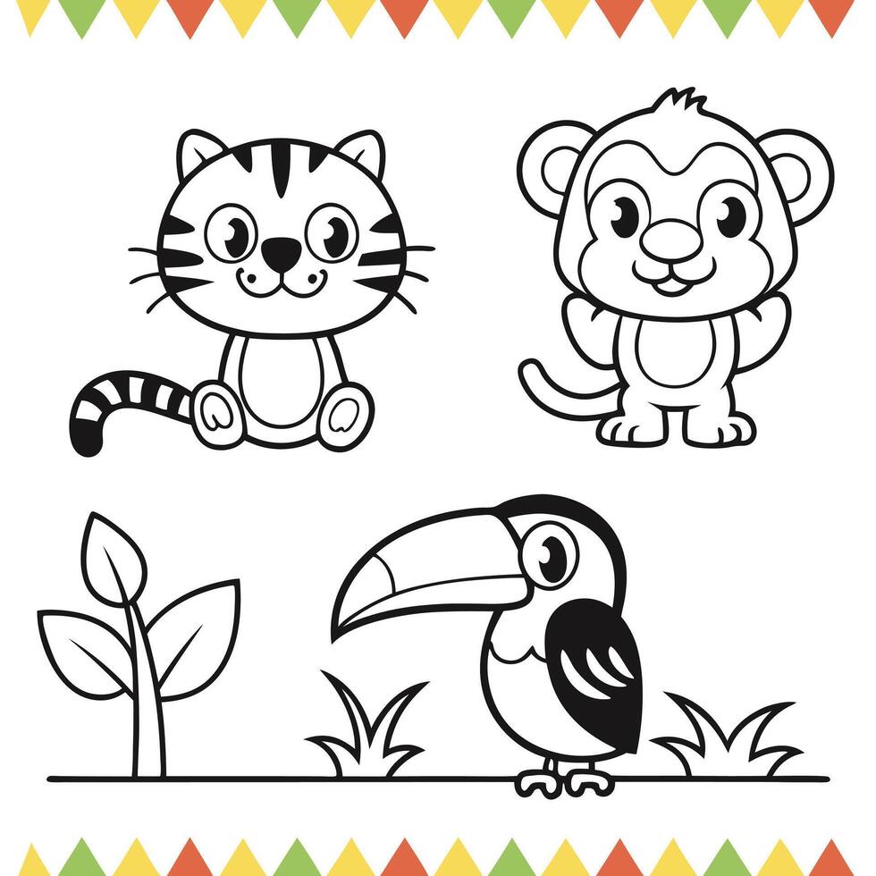 Coloring Fun with Jungle Animals Tiger Cub, Monkey, Frog, Toucan, and Parrot vector