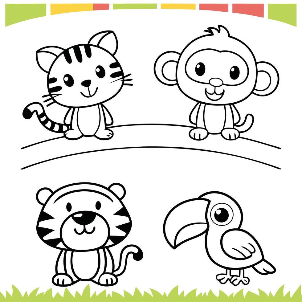 Friendly Jungle Animals Set Tiger Cub, Monkey, Frog, Toucan, and Parrot to Color vector