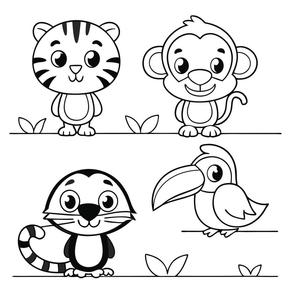 Playful Jungle Animals for Coloring Tiger Cub, Monkey, Frog, Toucan, and Parrot vector