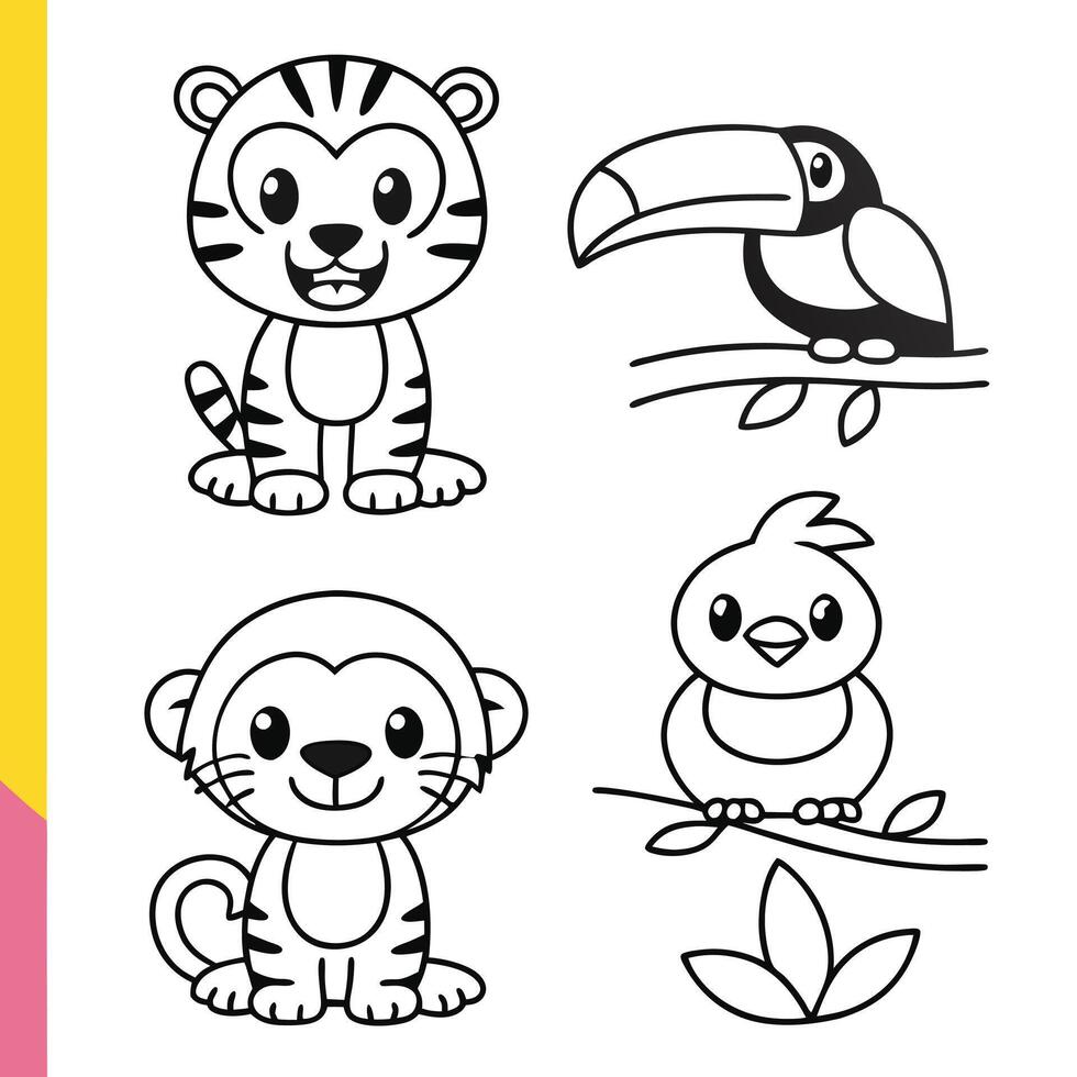 Adorable Jungle Animals for Kids Tiger Cub, Monkey, Frog, Toucan, and Parrot vector