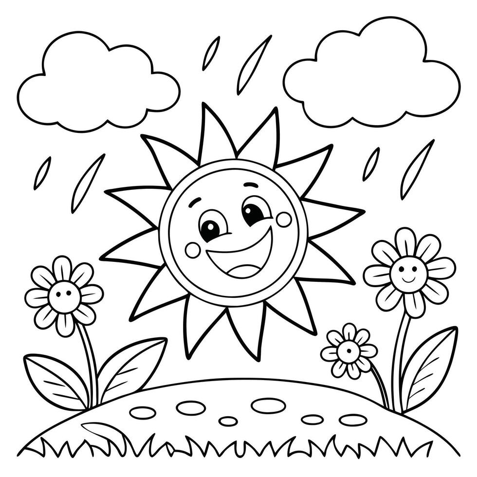 Playful Sun and Rain Clouds Cute Coloring Sheet for Kids and Toddlers vector