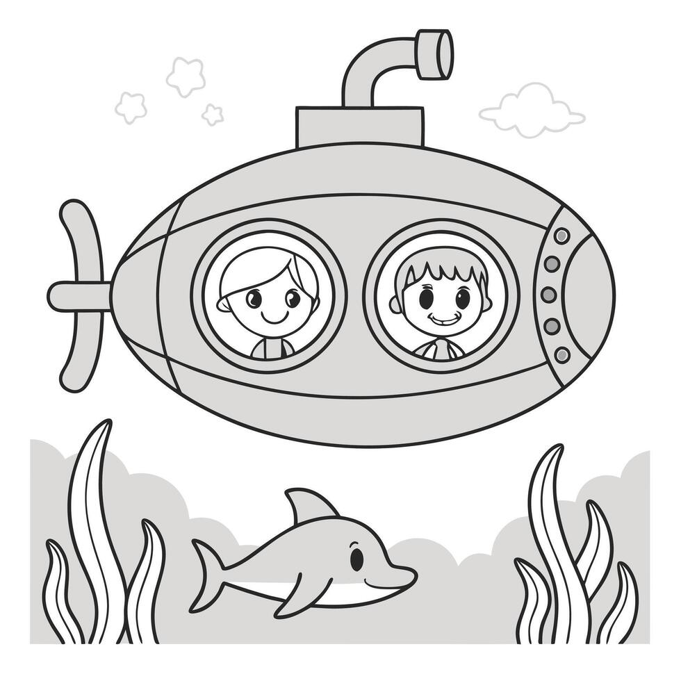 Playful Dolphin and Submarine Underwater Fun for Kids to Color vector