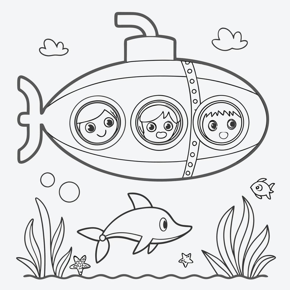 Fun Underwater Exploration with Submarine and Dolphin for Kids vector