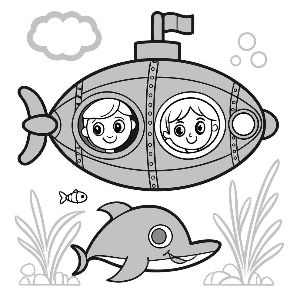 Explore the Deep Sea with Submarine and Dolphin Coloring Page vector