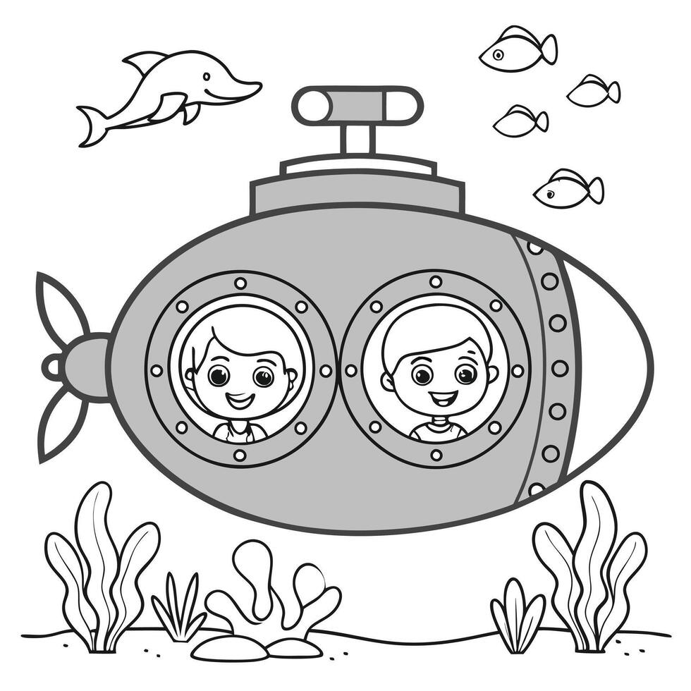 Cute Submarine and Dolphin in Underwater Fun Coloring Page vector