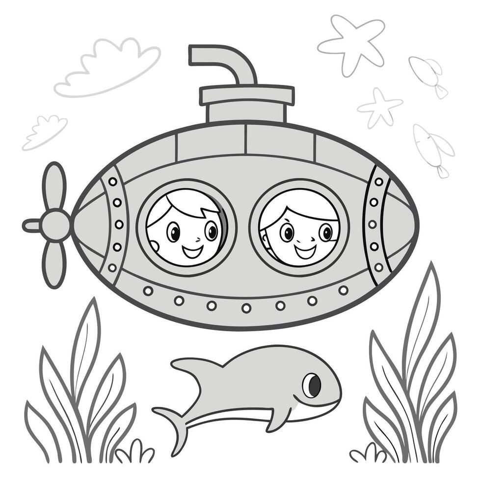 Diving Deep Submarine and Dolphin Underwater Coloring Adventure vector