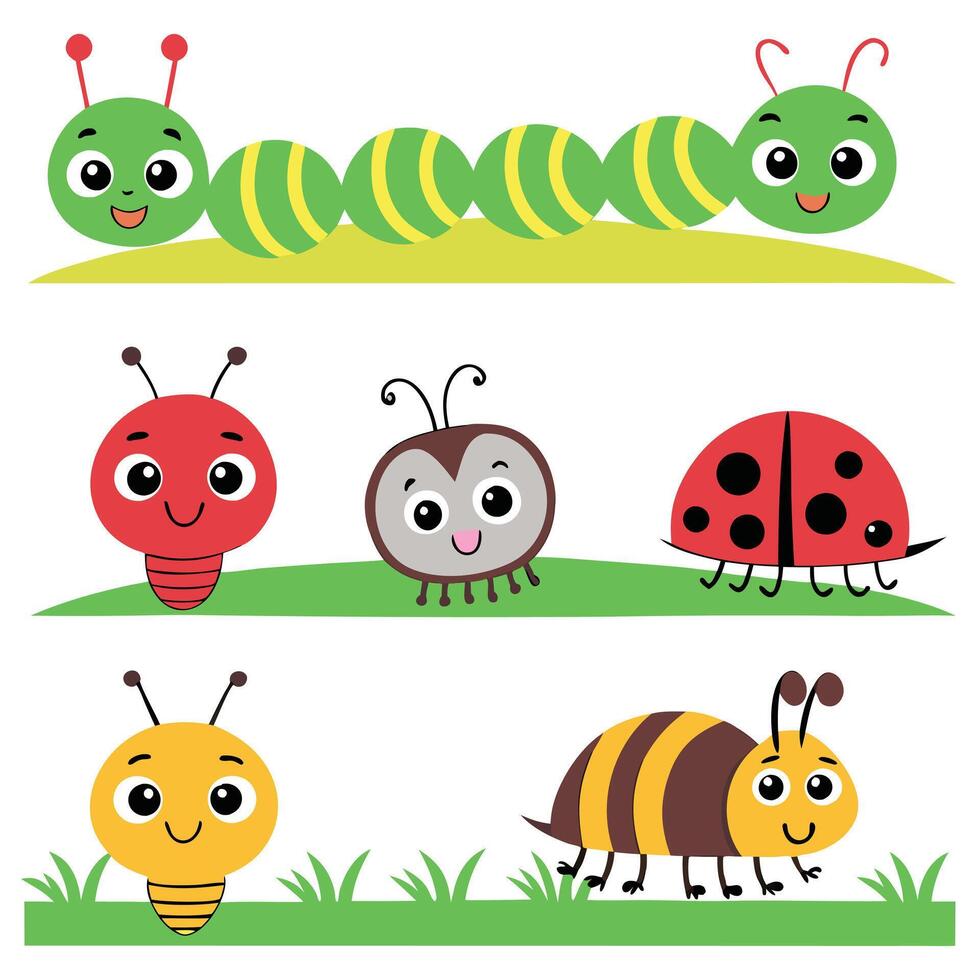 Adorable Garden Bugs Caterpillar, Snail, Ladybug, Spider, and Butterflies vector