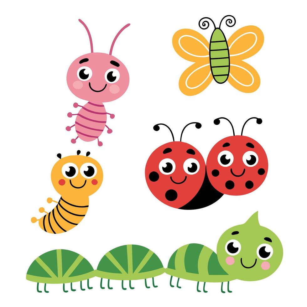 Cartoon Bug Collection Cute Caterpillar, Snail, Ladybug, Spider, and Butterflies vector
