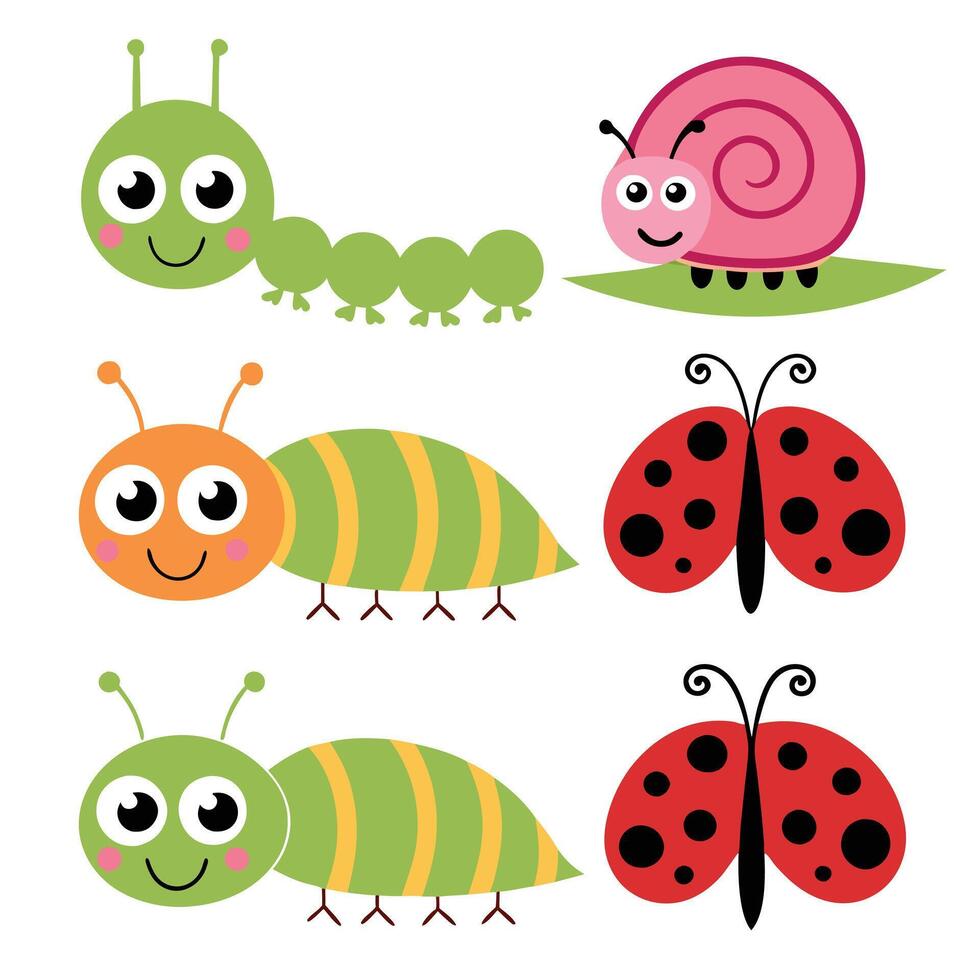 Cute Insect Collection for Kids Caterpillar, Snail, Ladybug, Spider, and Butterflies vector