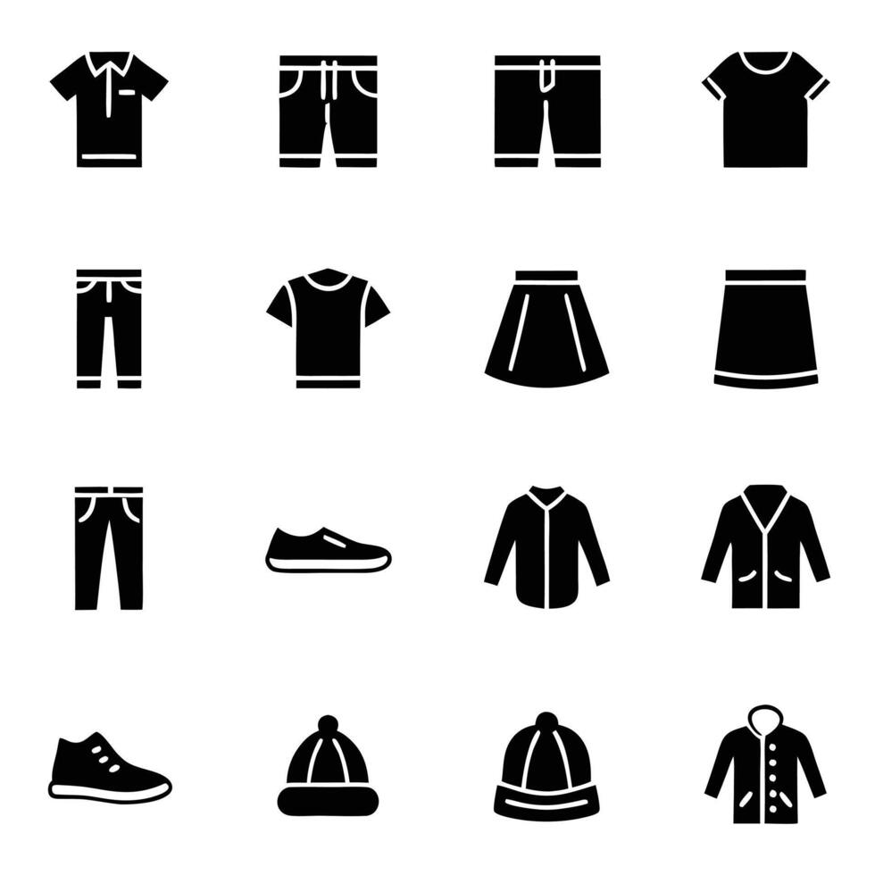 Garment Icon Set Shirts, Coats, Pants and Hangers vector