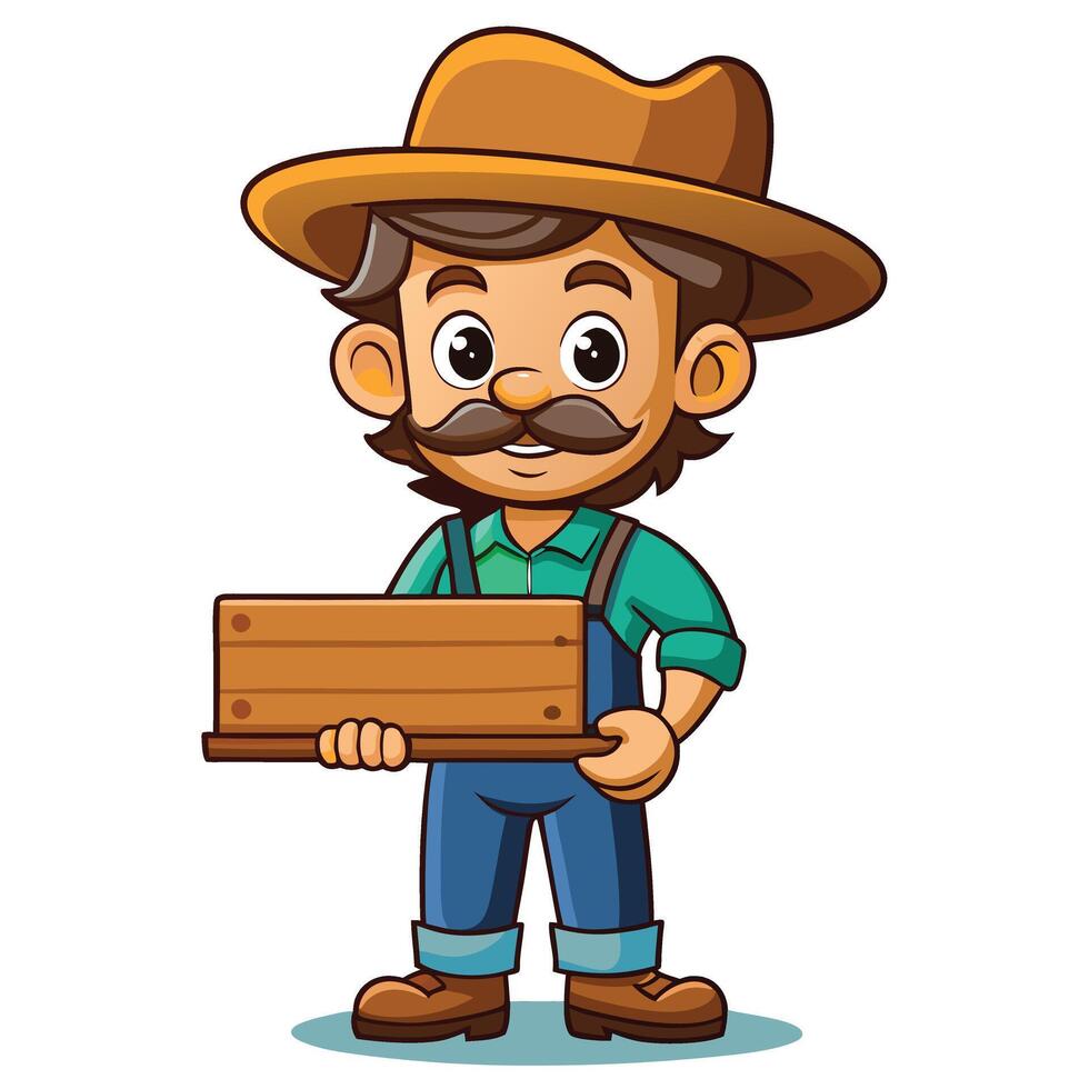 Smiling Cartoon Farm Worker in Overalls and Hat Holding a Wooden Sign for Text vector