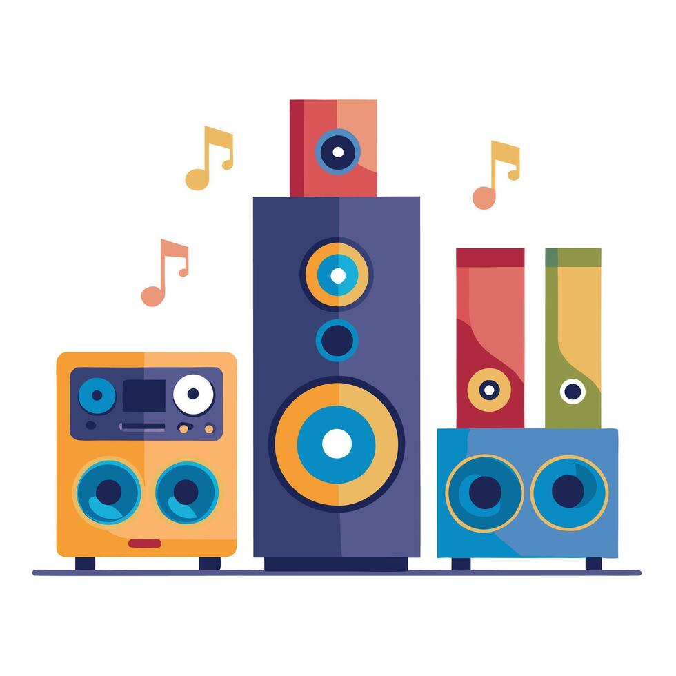 Modern Audio Sound System Setup with Large and Small Speakers Emitting Notes vector