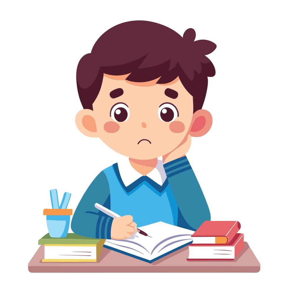 Unhappy Young Boy Writing in Notebook with Piles of Books Beside Him vector