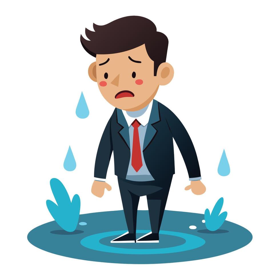 Sad Businessman Crying in a Puddle of Water Stressful Work Life Concept vector
