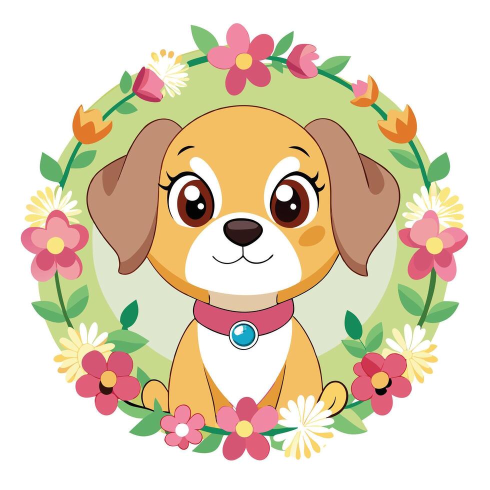 Adorable Cartoon Puppy Surrounded by a Beautiful Floral Frame Cute and Whimsical Digital Illustration vector