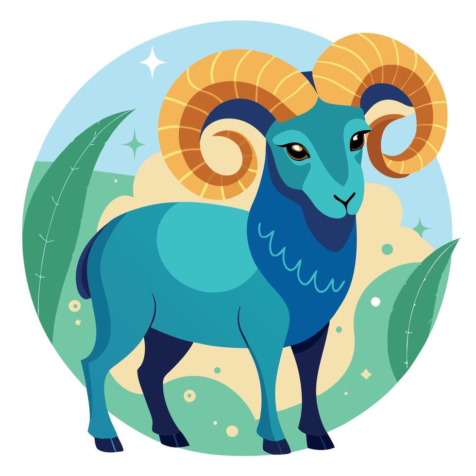 Stylized Aries Zodiac Illustration of a Ram Standing in a Dreamy, Mystical Landscape vector
