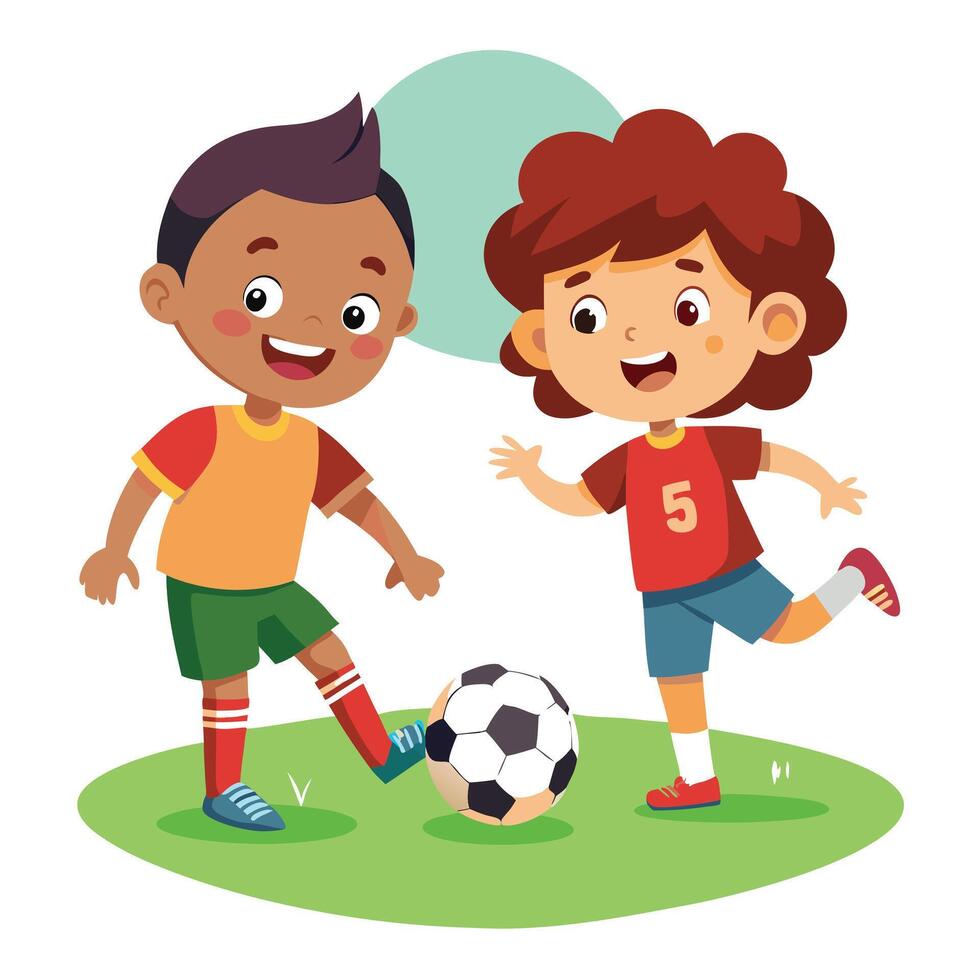 Two Joyful Children Running and Kicking a Soccer Ball on a Sunny Day vector
