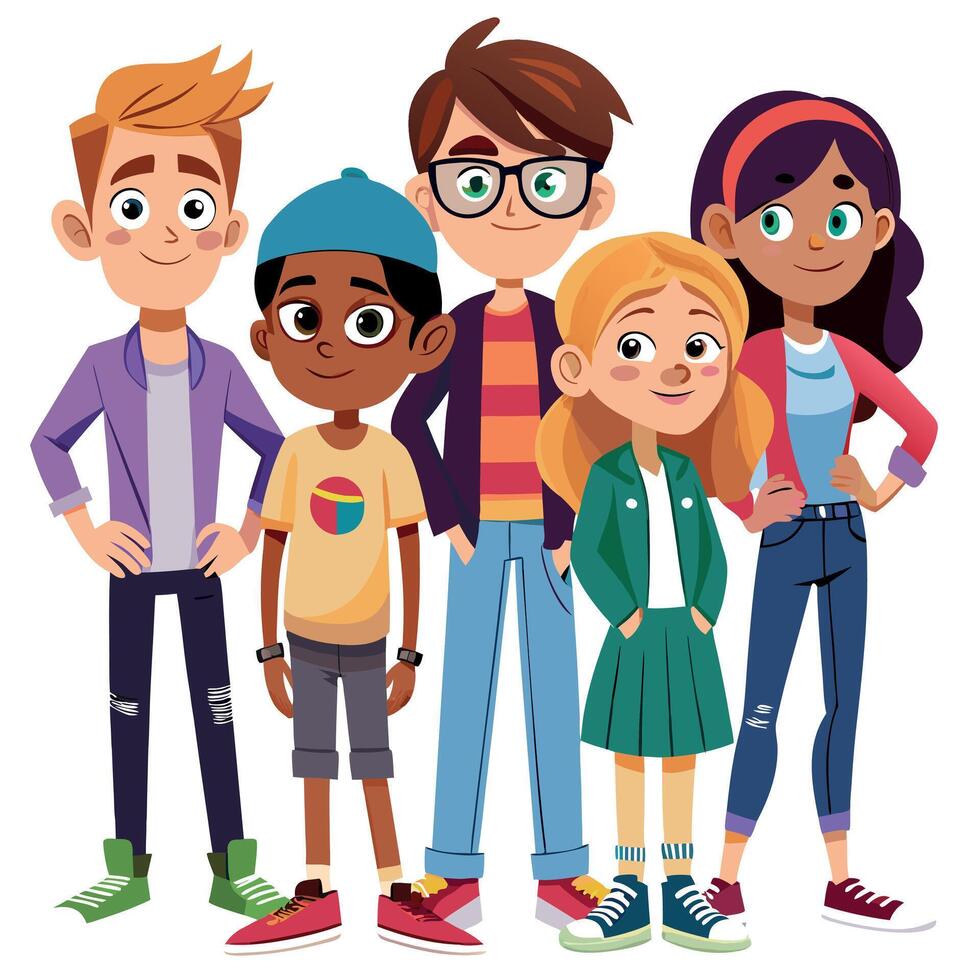 Vibrant and Stylish Group of Young Cartoon Characters Standing Together in Trendy Outfits vector