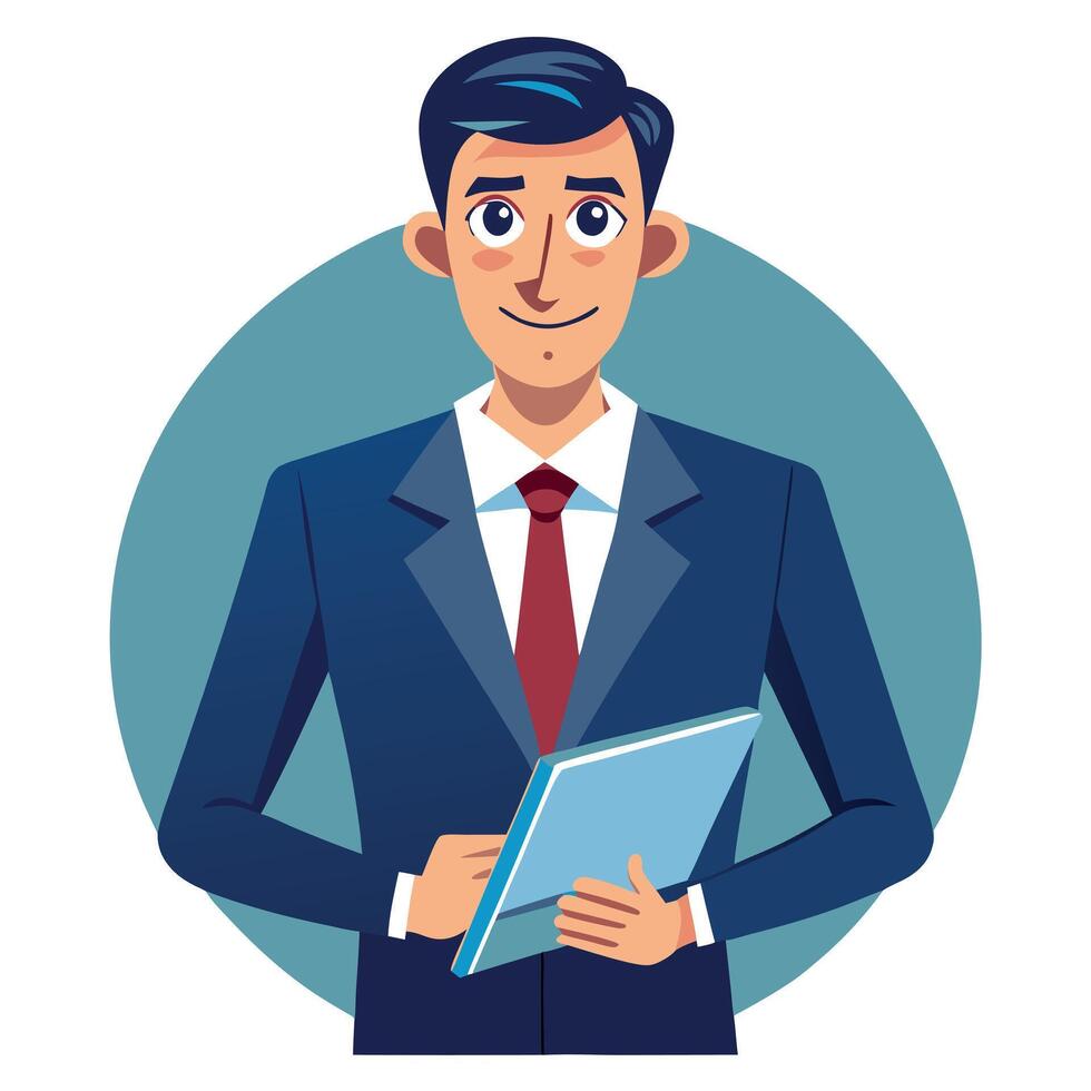 Successful Businessman in a Navy Suit and Red Tie Holding a Digital Tablet vector