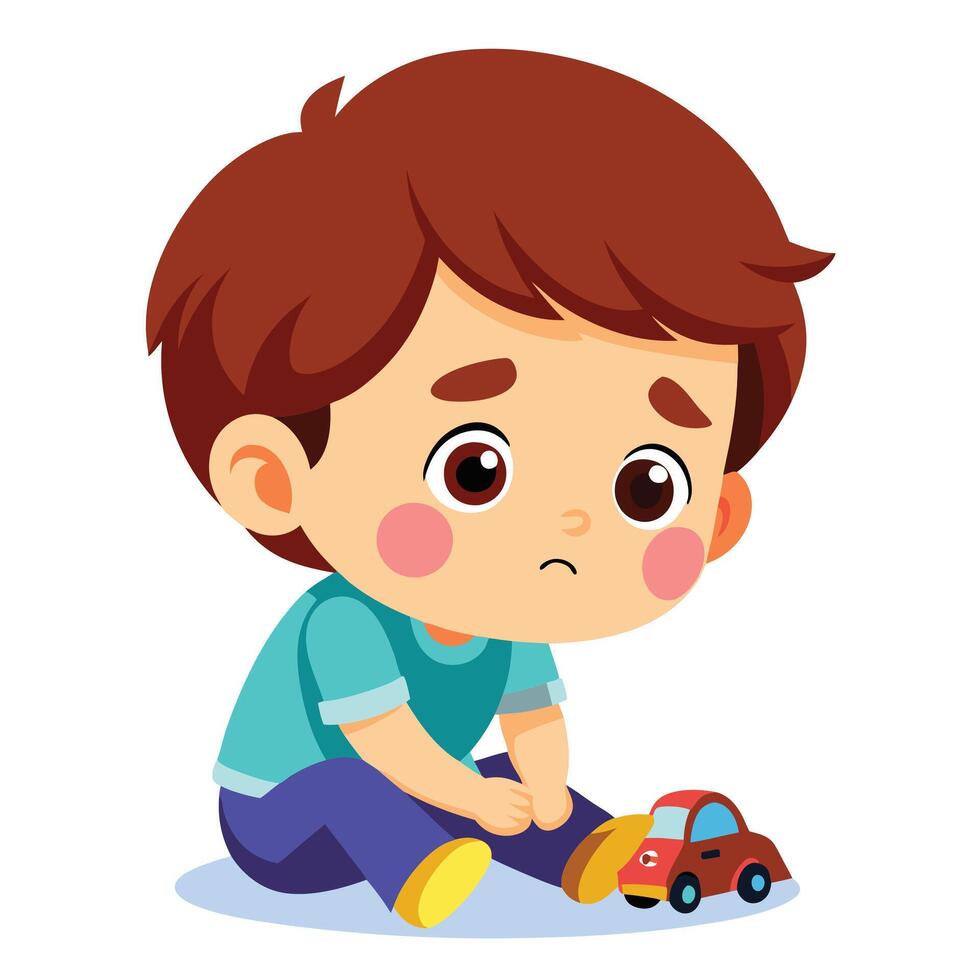 Lonely Child with a Toy Car A Cute but Melancholic Cartoon Depiction of a Boy Feeling Sad vector