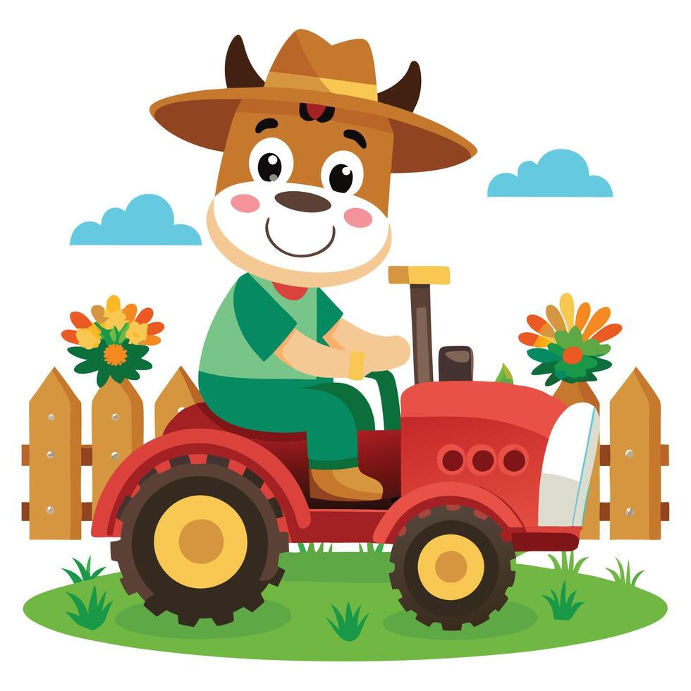 Happy Farm Cow Character Steering a Cute Tractor with Greenery and Blue Sky vector