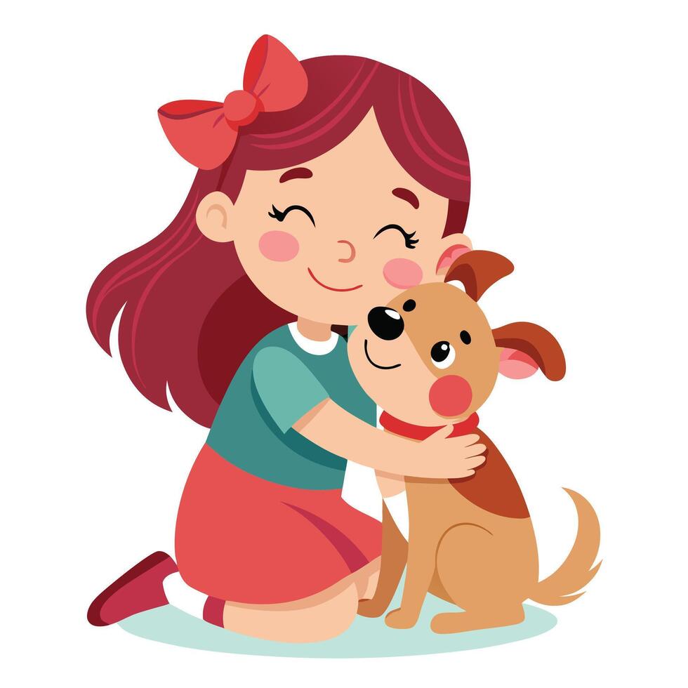 Adorable Little Girl Hugging Her Cute Pet Dog with Love and Joy vector