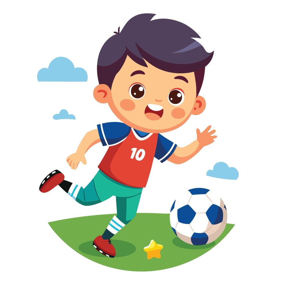 Excited Kid in a Red Jersey Playing Football Fun Cartoon Character Running with a Soccer Ball vector