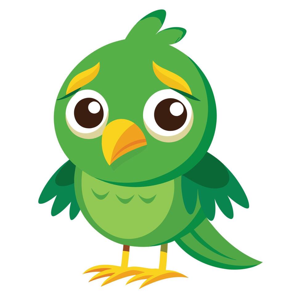Cute Sad Green Bird with Big Eyes and an Emotional Expression vector