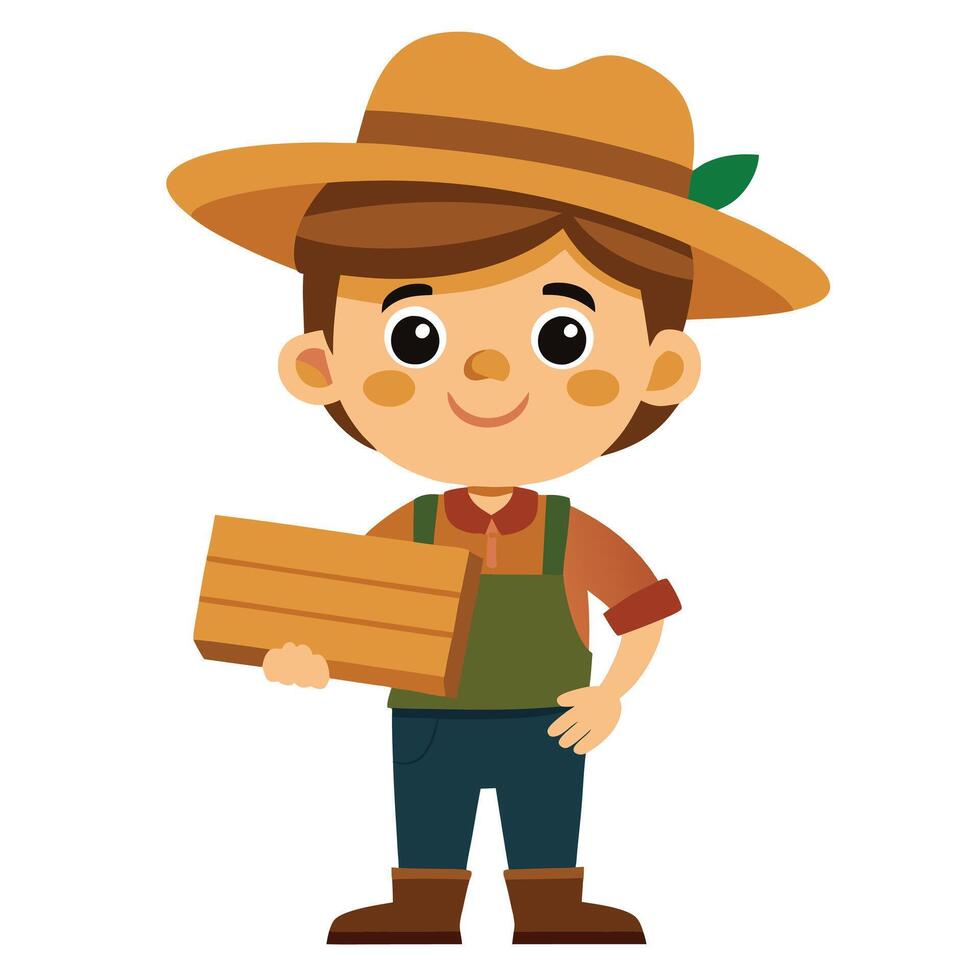 Charming Cartoon Farmer Holding a Wooden Board for Custom Messages or Branding vector