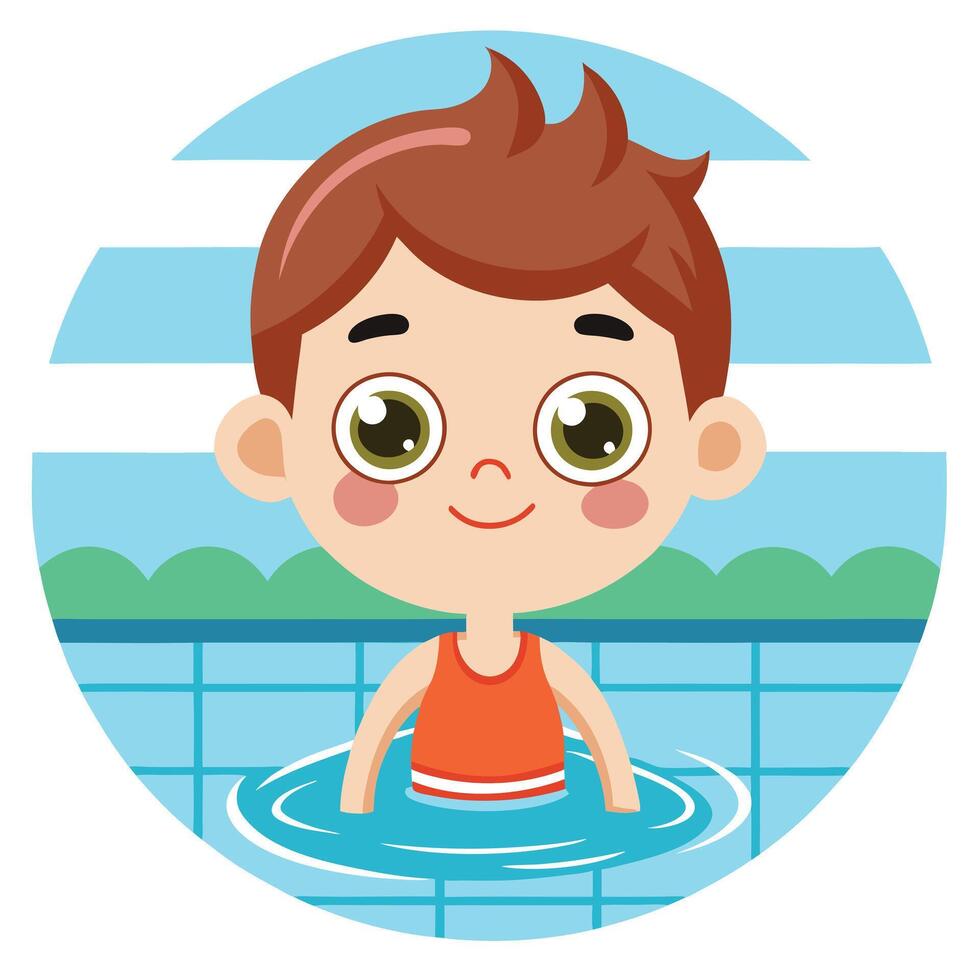 Joyful Kid Enjoying a Pool Day, Wearing a Life Vest and Smiling in a Playful Cartoon Style vector