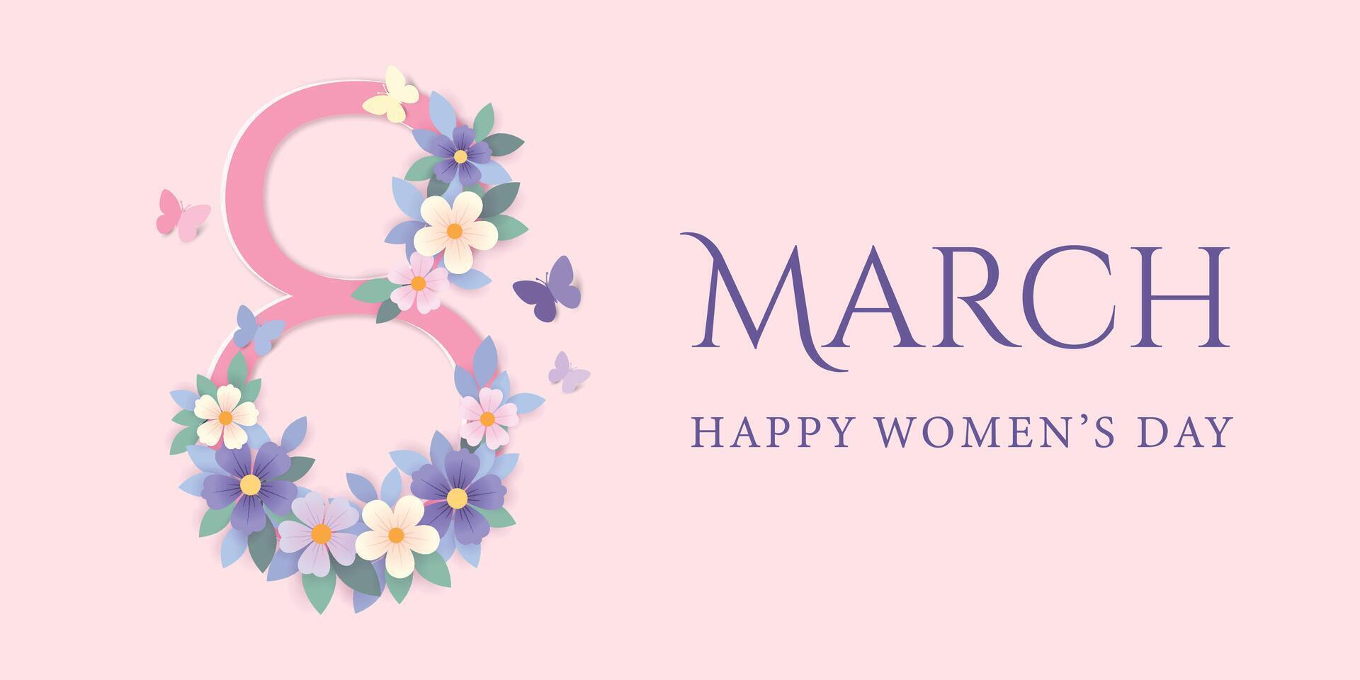 8 March, Happy women's day with flowers and butterfly, poster design on pink background vector