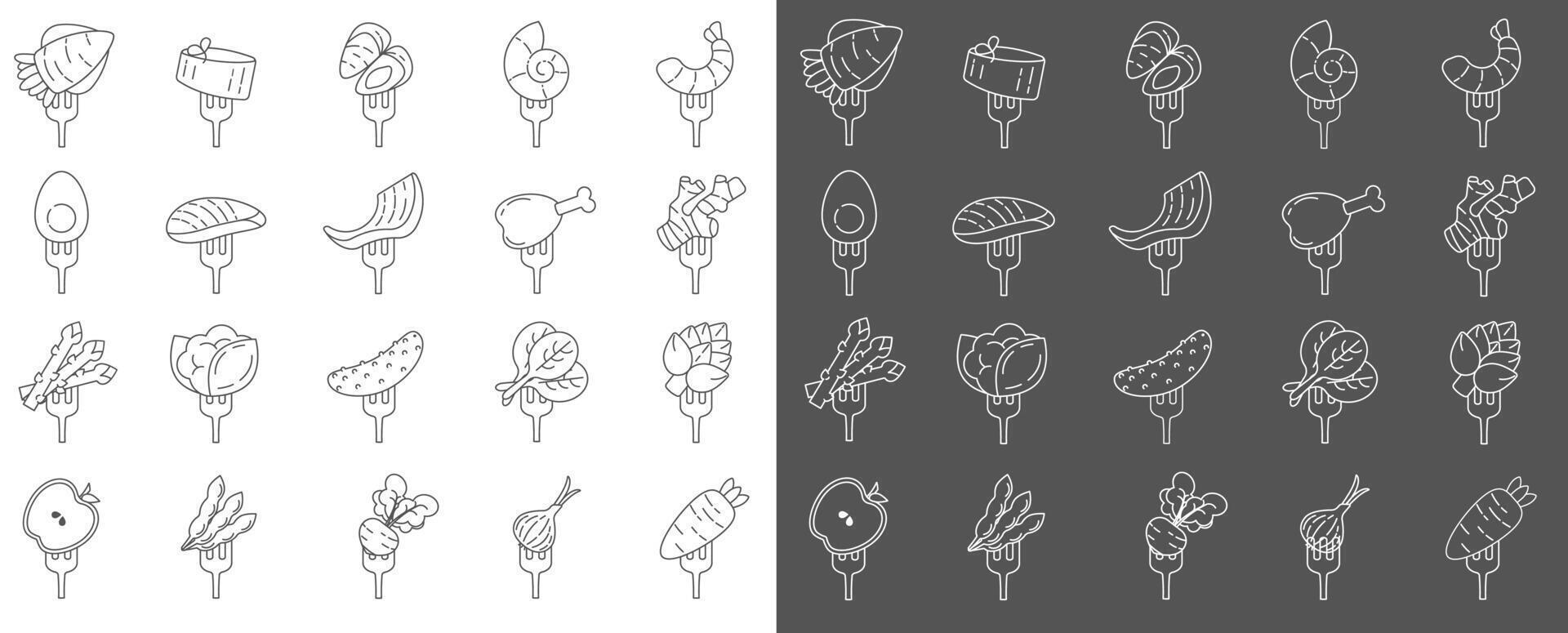 black and white line icons of healthy food on a fork vector