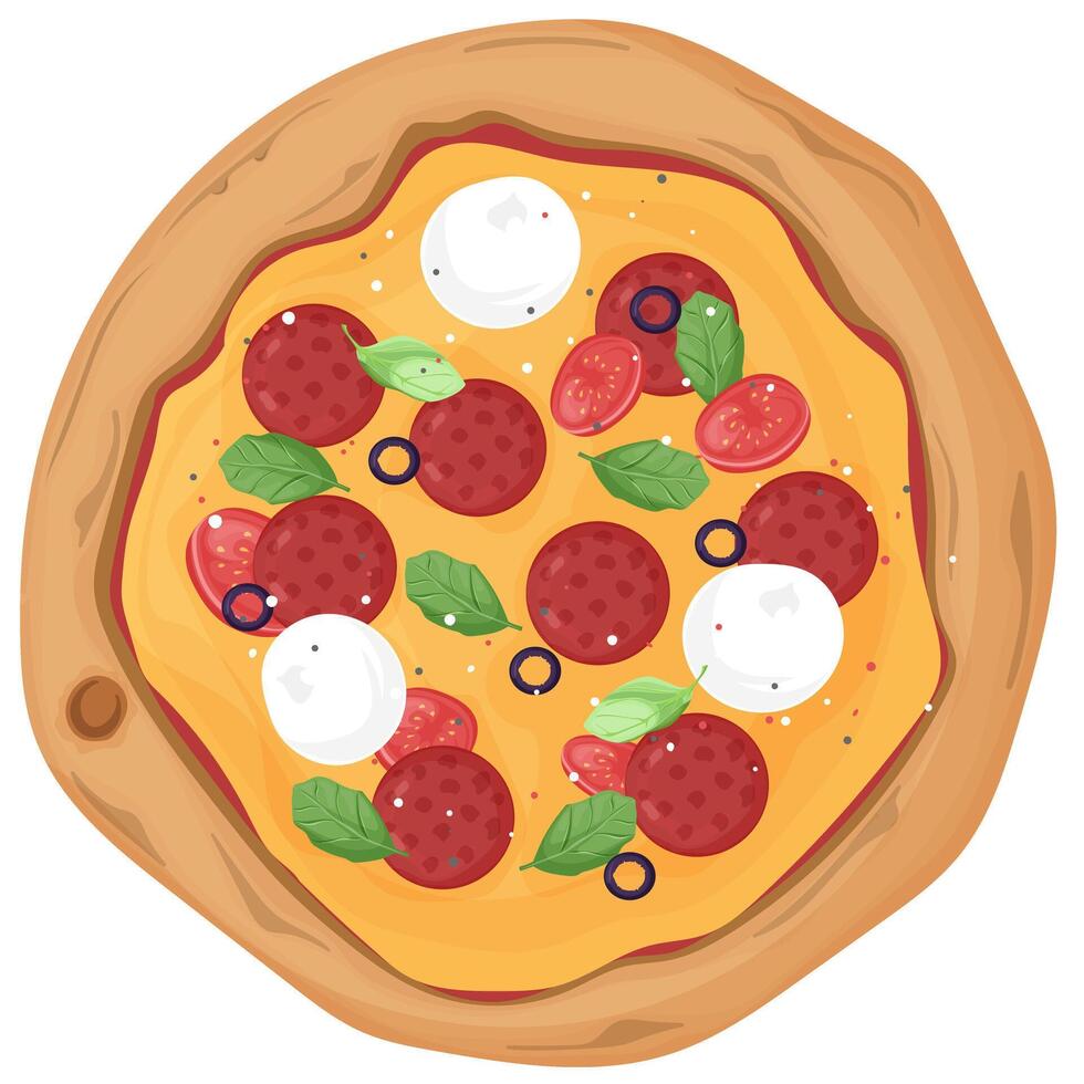 pizza with basil and mozzarwhole pepperoni and olives vector