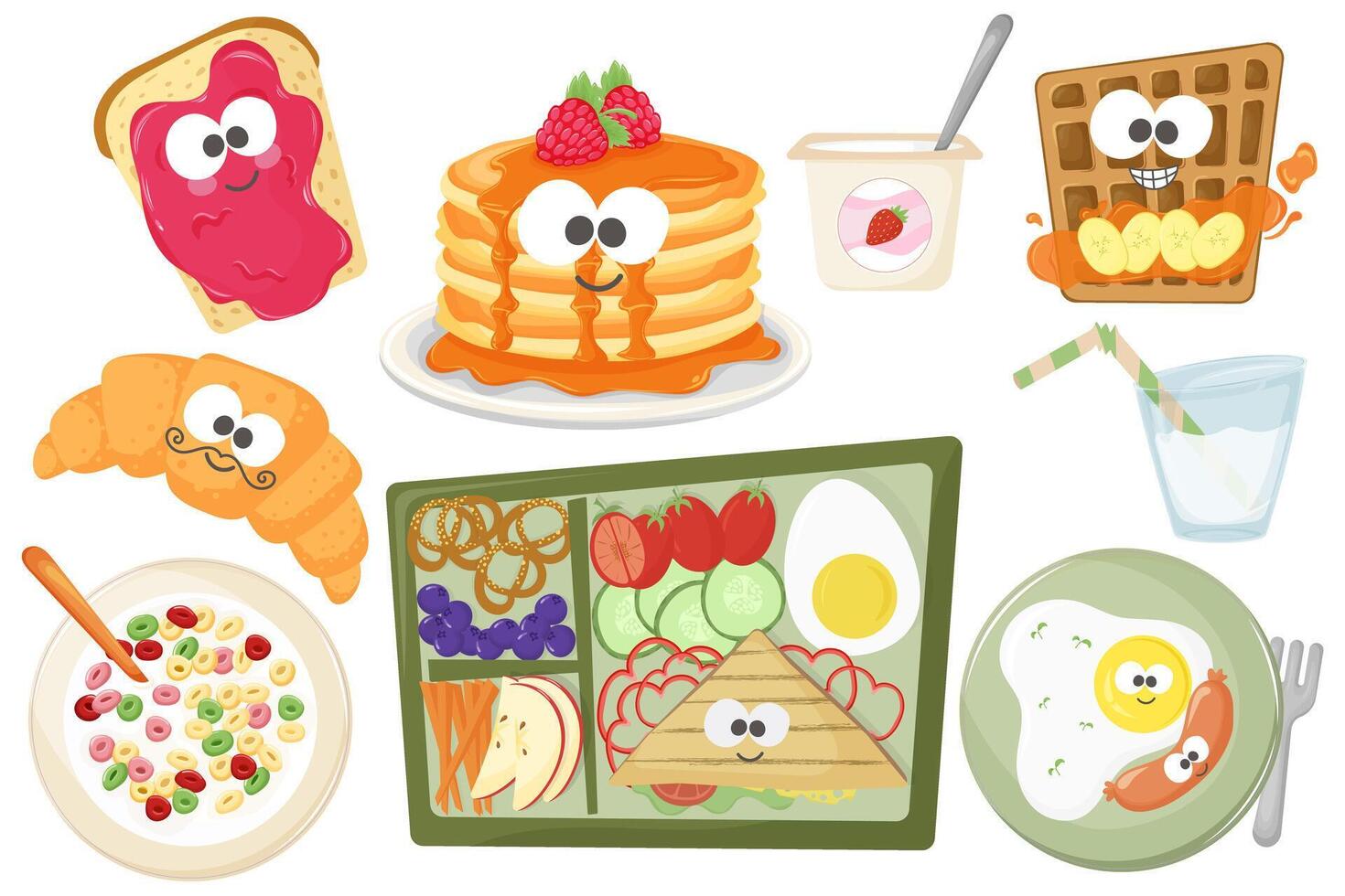 set of elements for children's breakfasts with pancakes, eggs, sandwiches, toast with jam, yogurt, Viennese waffles, cereals in cartoon style vector
