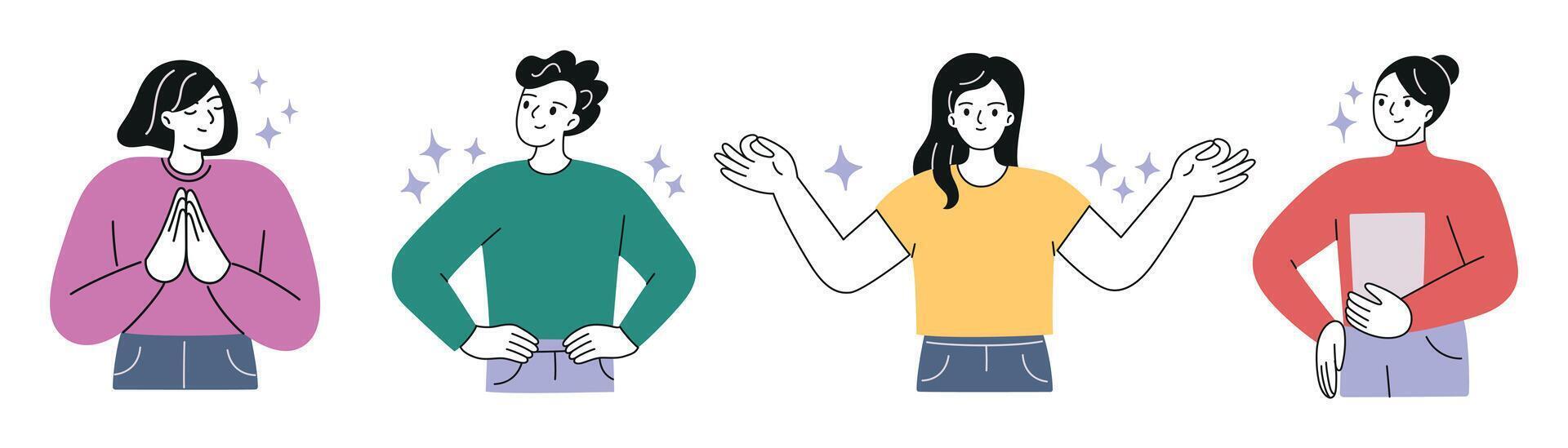illustrations of confident people in flat cartoon style. Minimalist characters, business men and women, standing in poses expressing self assurance, gratitude, calm, and balance emotions vector